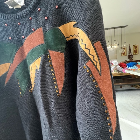Vintage 80s Dana Ashley Batwing Sweater – Faux Suede Patchwork & Beaded Details - Picture 7 of 8